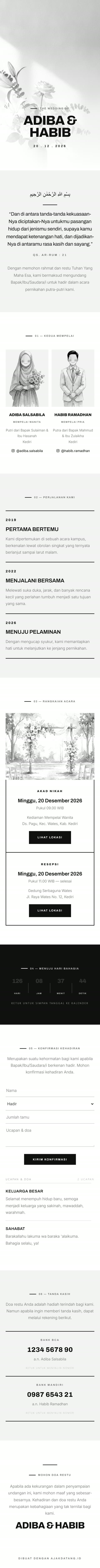 Contoh undangan pernikahan digital eksklusif Monokrom Editorial (Putih Hitam) — ajakdatang.id