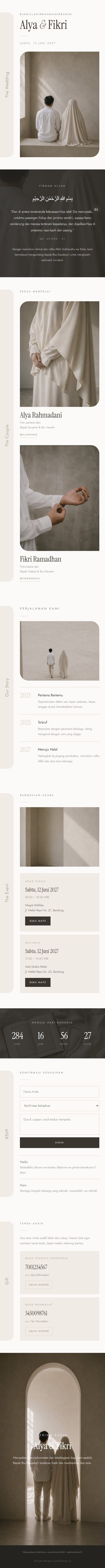 Contoh undangan pernikahan digital eksklusif Syar'i Modern (Off-white, Greige & Pasir) — ajakdatang.id